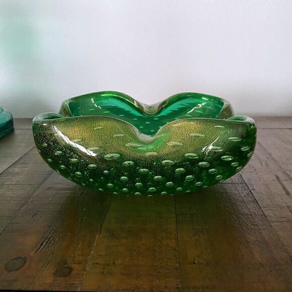 Murano Large Aventurine Bullicante Mid-Century Modern Emerald Green Bowl Ashtray - Picture 3 of 9